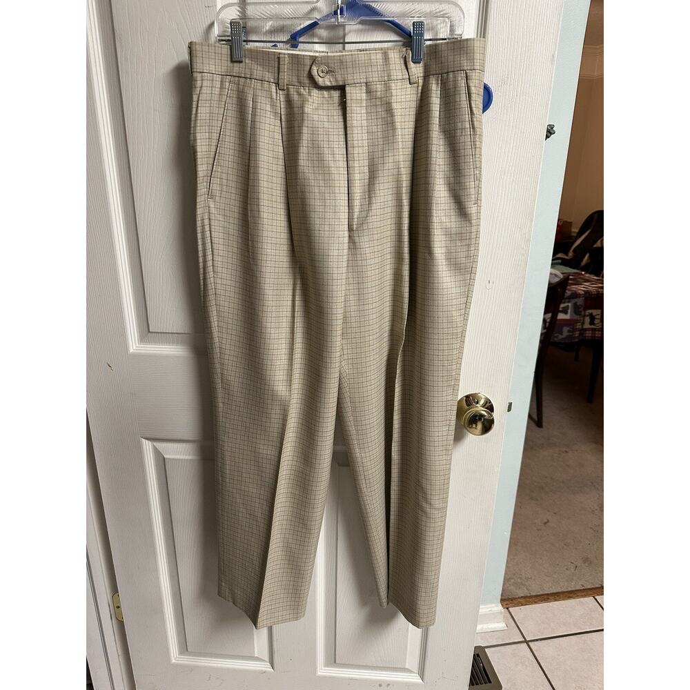 Silk Wool Slacks Pants Men Deadstock 80s VNT Higgins USA 34rw Tan Beige Check